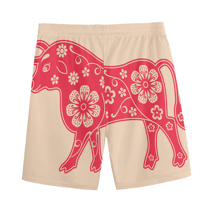 Chinese Flower Ox Zodiac Print Men's Sports Shorts