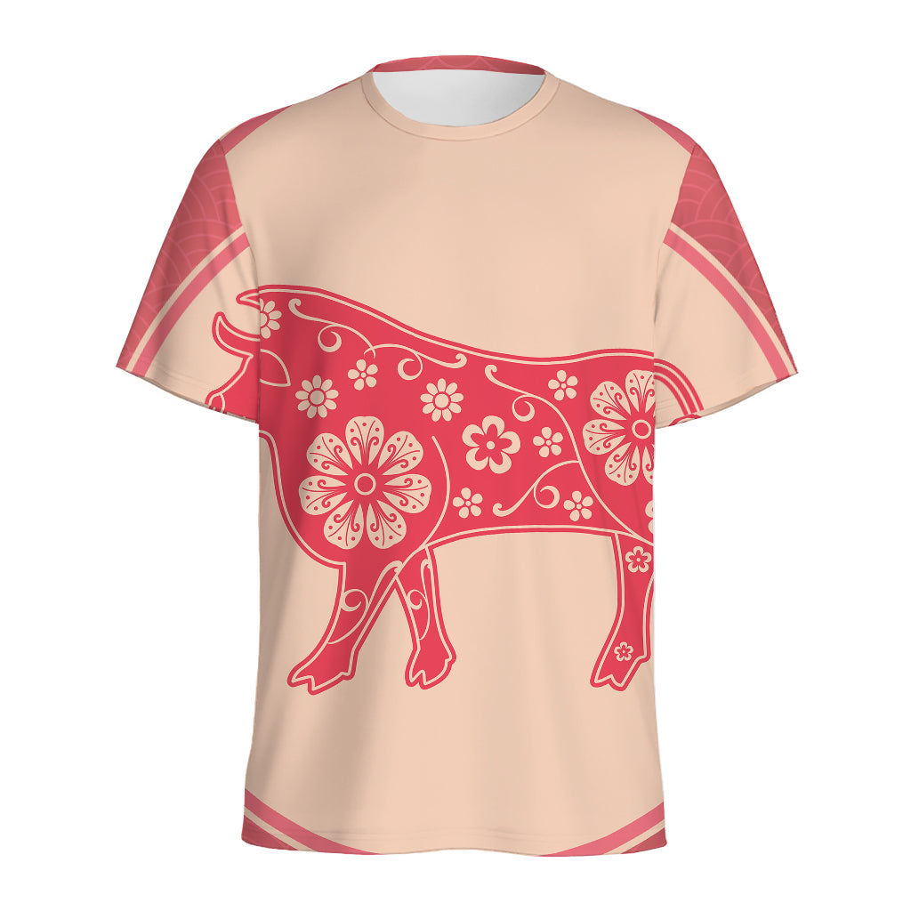 Chinese Flower Ox Zodiac Print Men's Sports T-Shirt