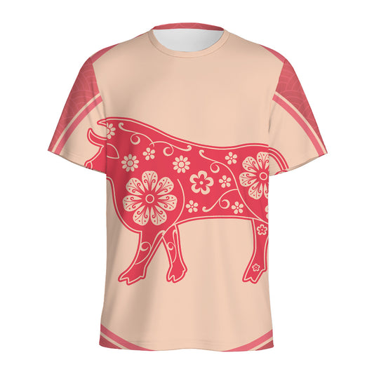 Chinese Flower Ox Zodiac Print Men's Sports T-Shirt