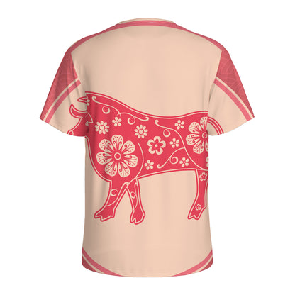 Chinese Flower Ox Zodiac Print Men's Sports T-Shirt