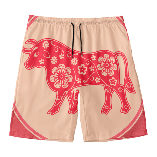 Chinese Flower Ox Zodiac Print Men's Swim Trunks