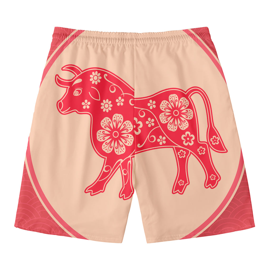 Chinese Flower Ox Zodiac Print Men's Swim Trunks
