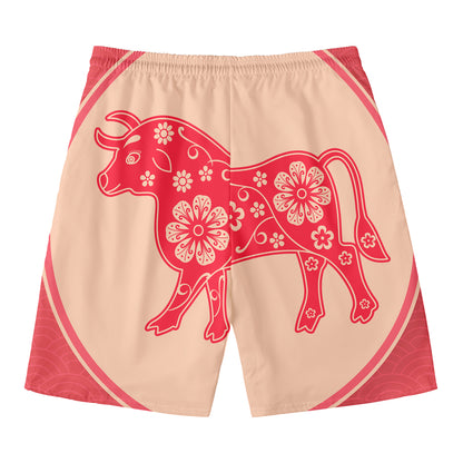 Chinese Flower Ox Zodiac Print Men's Swim Trunks