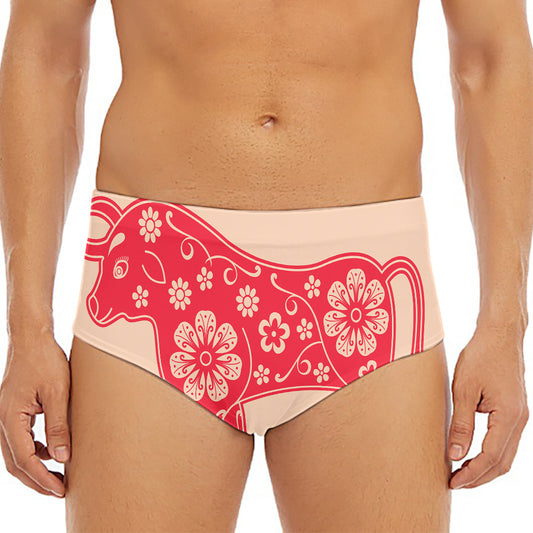 Chinese Flower Ox Zodiac Print Men's Triangle Swim Briefs