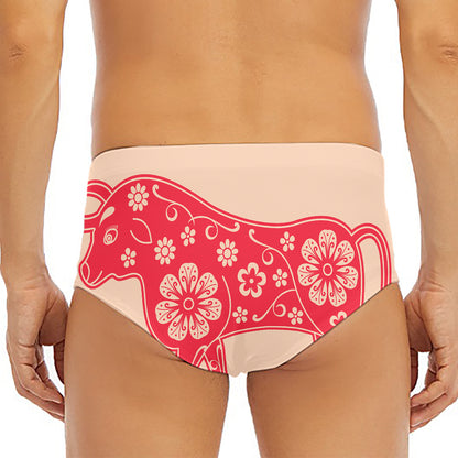 Chinese Flower Ox Zodiac Print Men's Triangle Swim Briefs