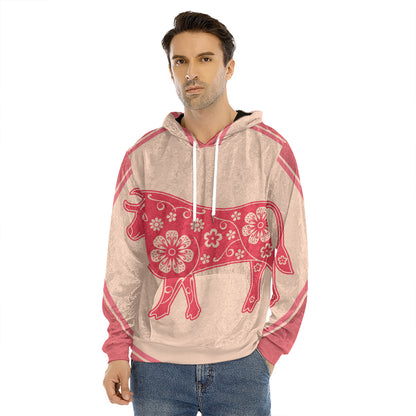 Chinese Flower Ox Zodiac Print Men's Velvet Pullover Hoodie