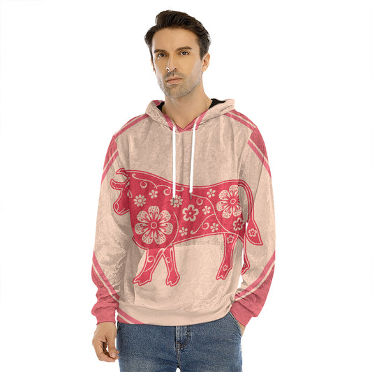 Chinese Flower Ox Zodiac Print Men's Velvet Pullover Hoodie