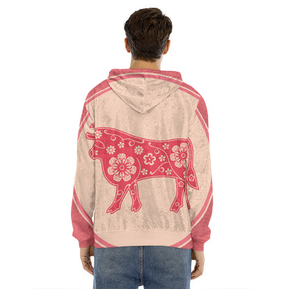 Chinese Flower Ox Zodiac Print Men's Velvet Pullover Hoodie