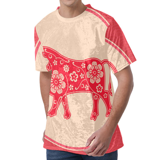 Chinese Flower Ox Zodiac Print Men's Velvet T-Shirt