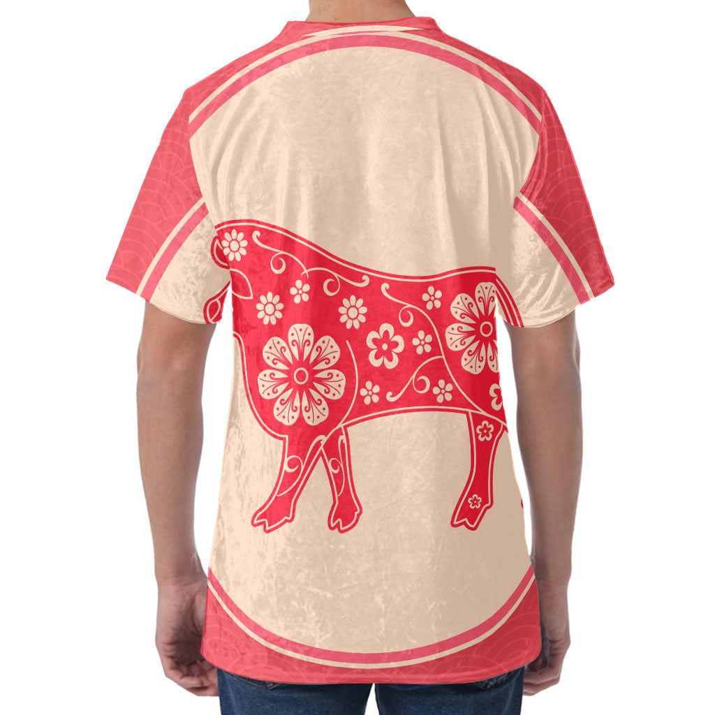 Chinese Flower Ox Zodiac Print Men's Velvet T-Shirt