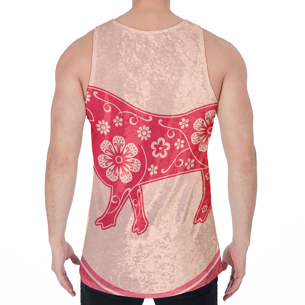 Chinese Flower Ox Zodiac Print Men's Velvet Tank Top
