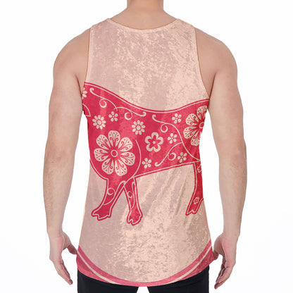 Chinese Flower Ox Zodiac Print Men's Velvet Tank Top