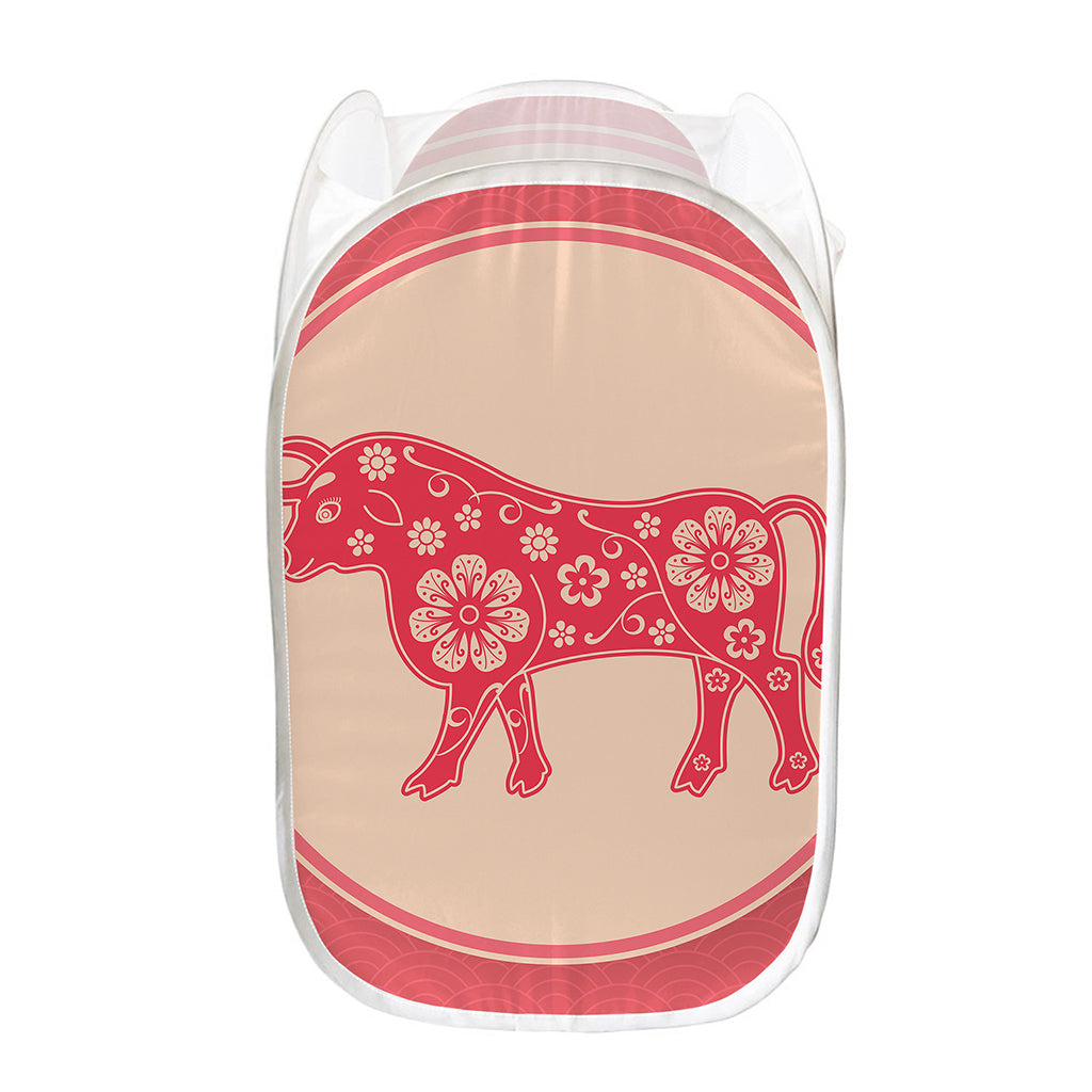 Chinese Flower Ox Zodiac Print Mesh Laundry Hamper