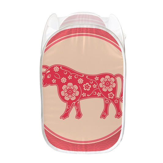Chinese Flower Ox Zodiac Print Mesh Laundry Hamper
