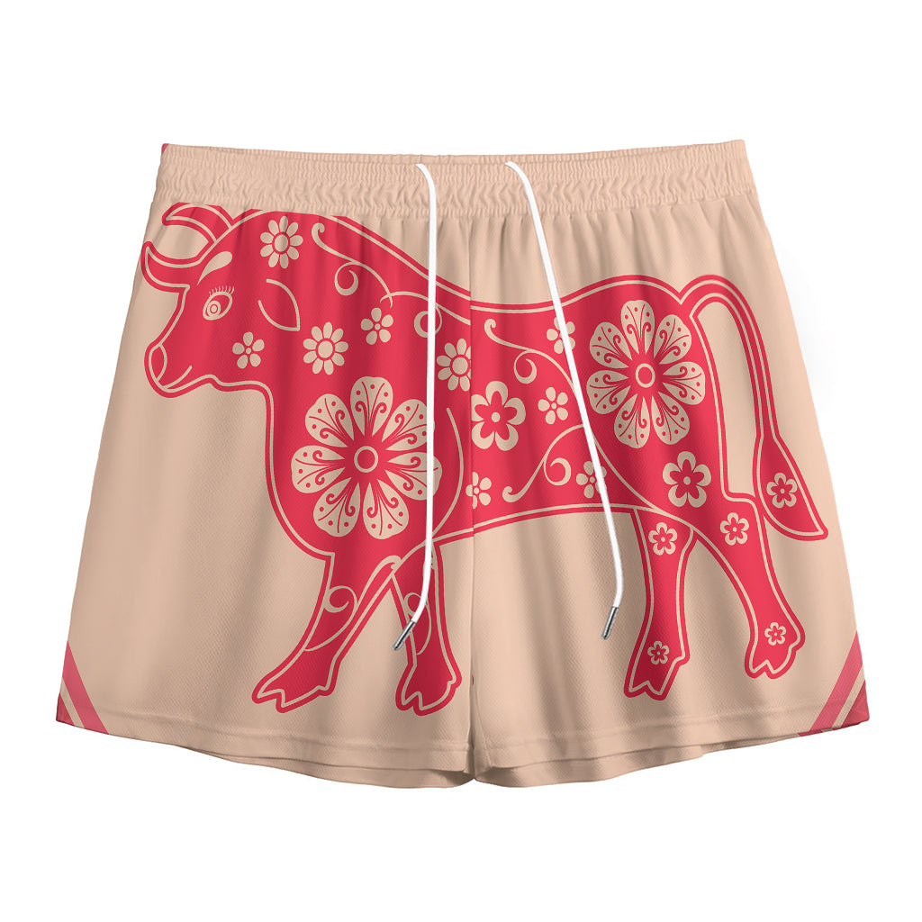 Chinese Flower Ox Zodiac Print Mesh Shorts