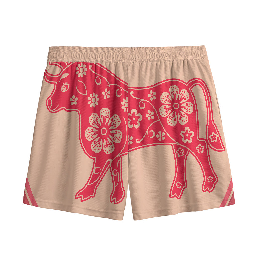 Chinese Flower Ox Zodiac Print Mesh Shorts
