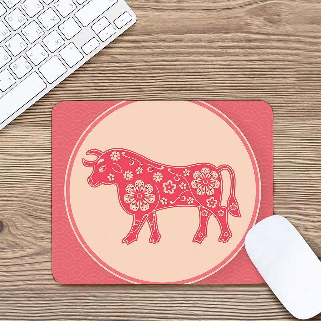 Chinese Flower Ox Zodiac Print Mouse Pad