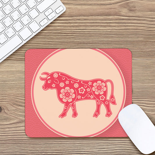 Chinese Flower Ox Zodiac Print Mouse Pad