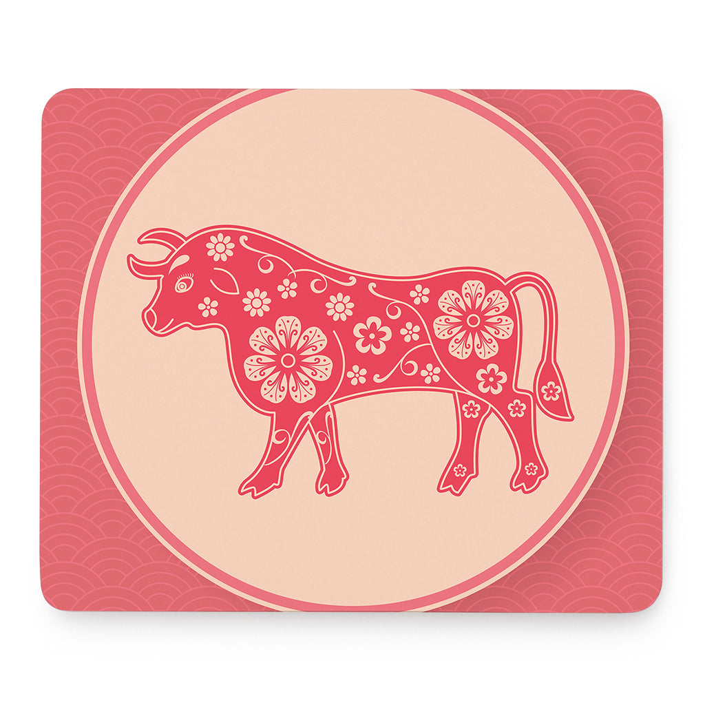 Chinese Flower Ox Zodiac Print Mouse Pad