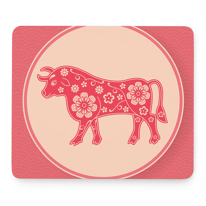 Chinese Flower Ox Zodiac Print Mouse Pad