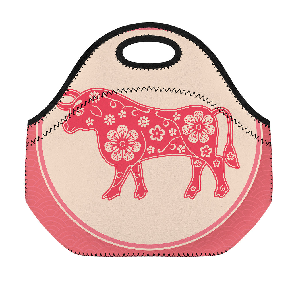 Chinese Flower Ox Zodiac Print Neoprene Lunch Bag