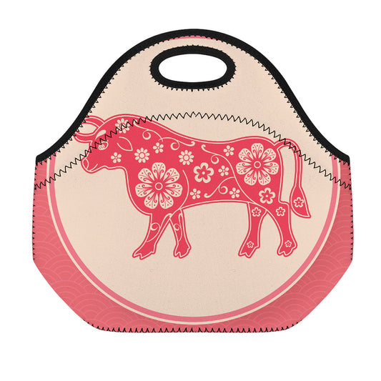 Chinese Flower Ox Zodiac Print Neoprene Lunch Bag