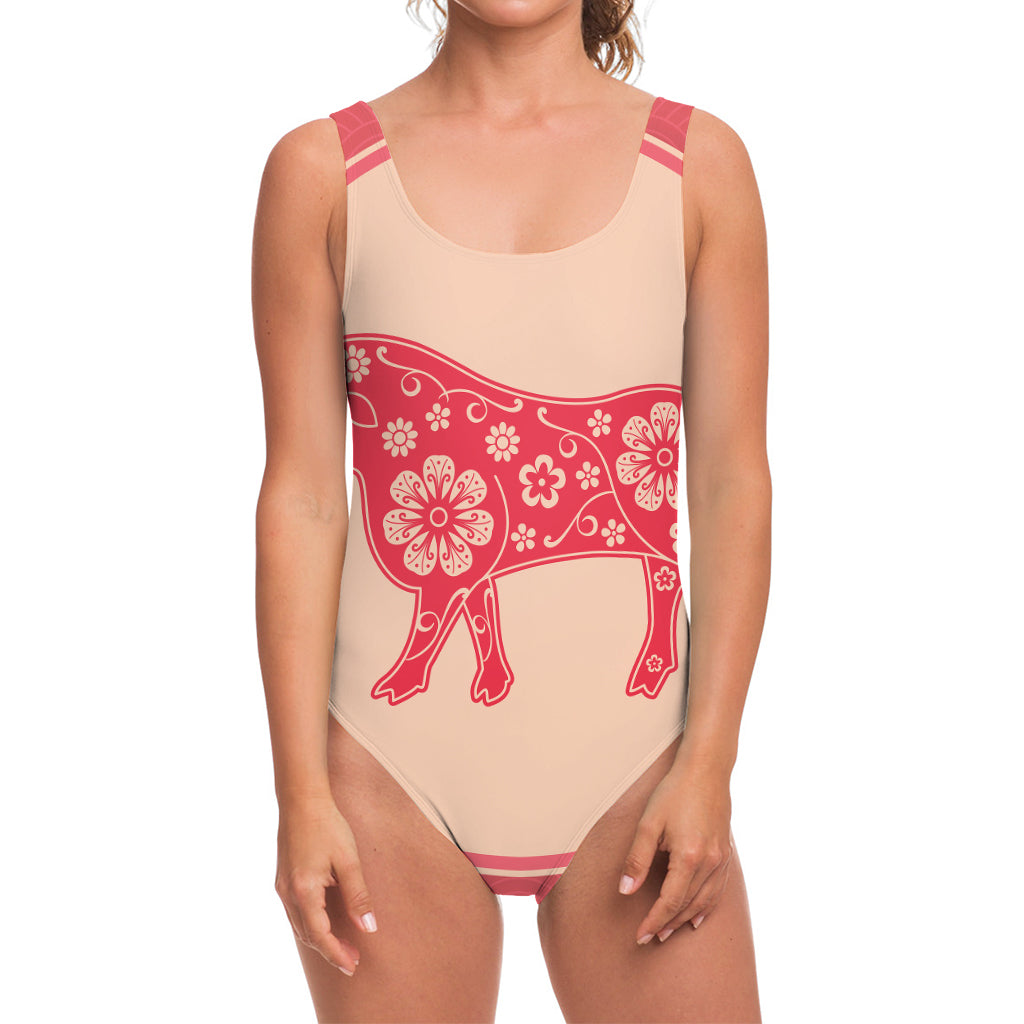 Chinese Flower Ox Zodiac Print One Piece Swimsuit