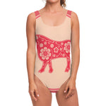 Chinese Flower Ox Zodiac Print One Piece Swimsuit