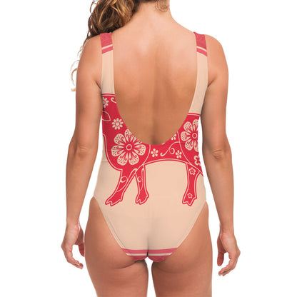 Chinese Flower Ox Zodiac Print One Piece Swimsuit