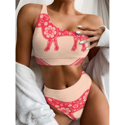 Chinese Flower Ox Zodiac Print One Shoulder Bikini Top