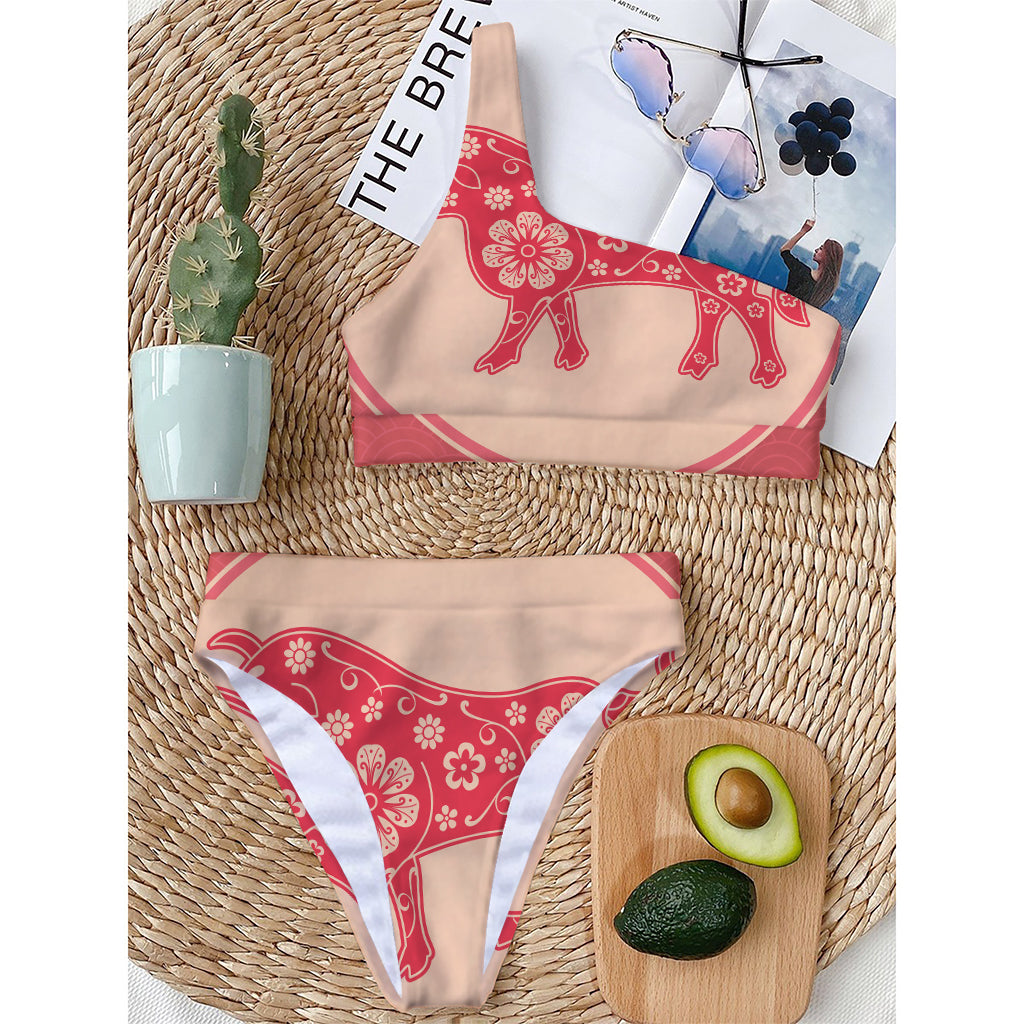 Chinese Flower Ox Zodiac Print One Shoulder Bikini Top