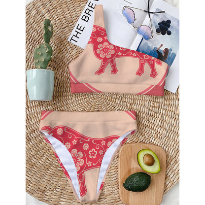 Chinese Flower Ox Zodiac Print One Shoulder Bikini Top