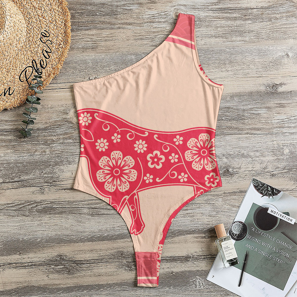 Chinese Flower Ox Zodiac Print One Shoulder Bodysuit