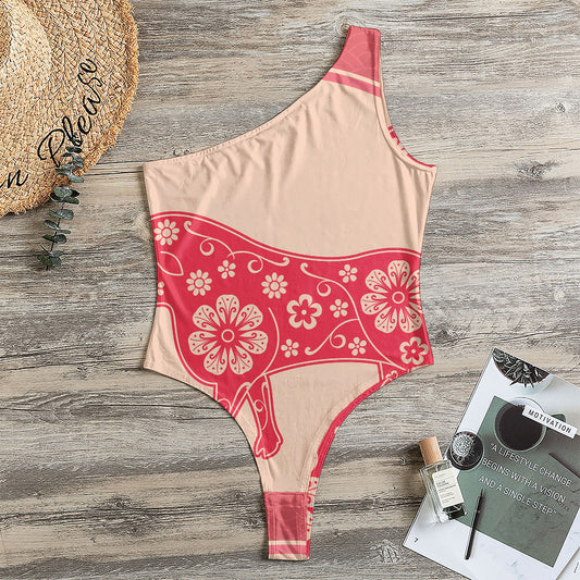 Chinese Flower Ox Zodiac Print One Shoulder Bodysuit