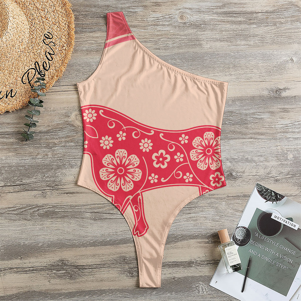 Chinese Flower Ox Zodiac Print One Shoulder Bodysuit