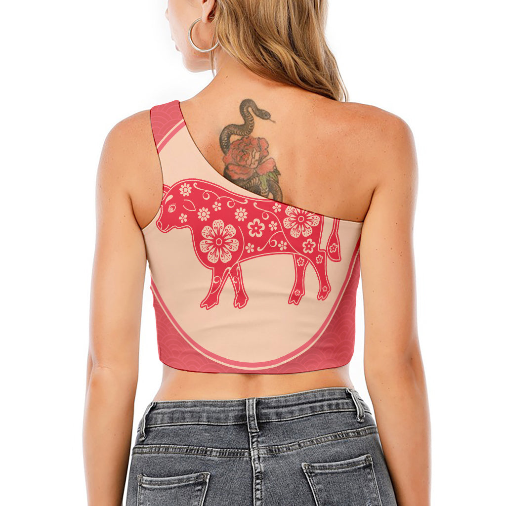 Chinese Flower Ox Zodiac Print One Shoulder Crop Top