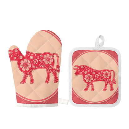 Chinese Flower Ox Zodiac Print Oven Mitt And Pot Holder Set