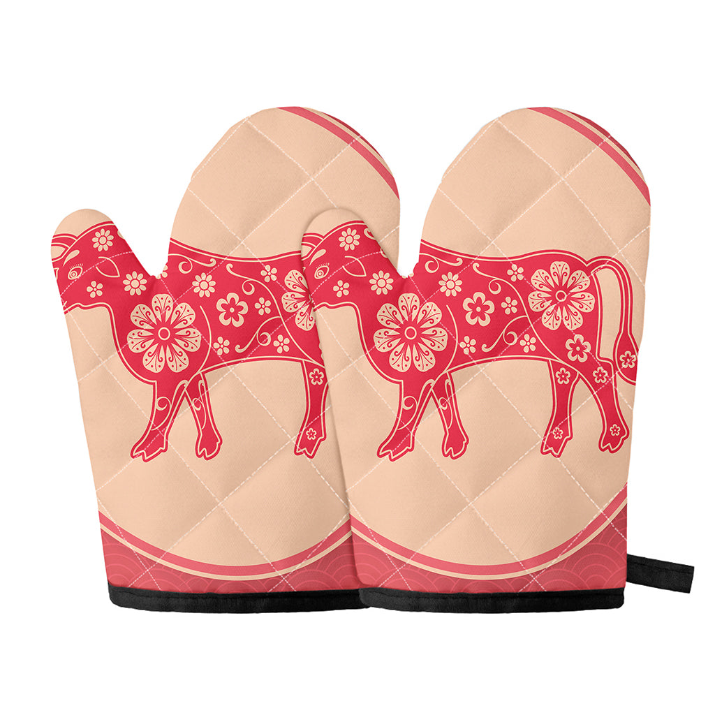 Chinese Flower Ox Zodiac Print Oven Mitts