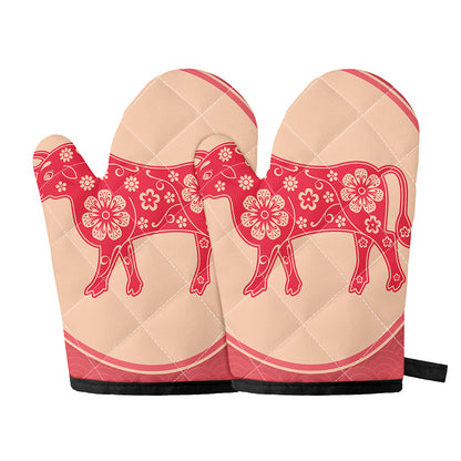 Chinese Flower Ox Zodiac Print Oven Mitts