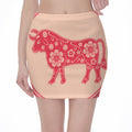 Chinese Flower Ox Zodiac Print Pencil Mini Skirt