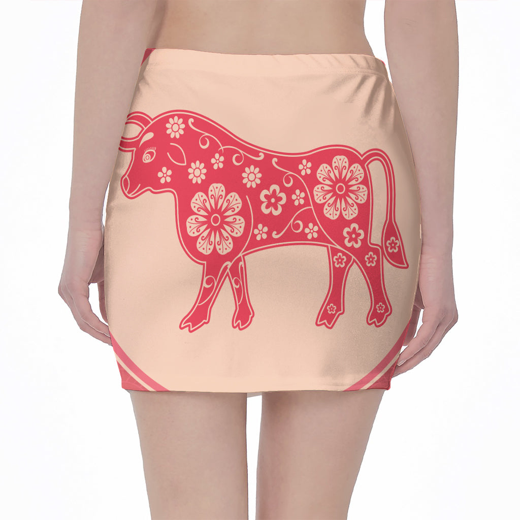 Chinese Flower Ox Zodiac Print Pencil Mini Skirt