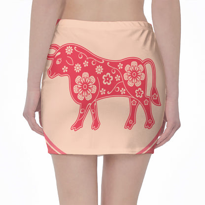 Chinese Flower Ox Zodiac Print Pencil Mini Skirt