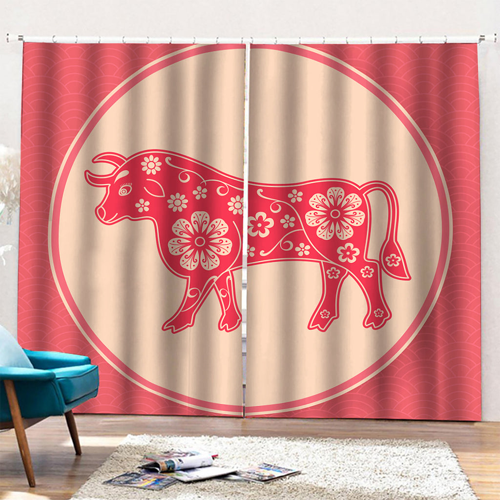 Chinese Flower Ox Zodiac Print Pencil Pleat Curtains