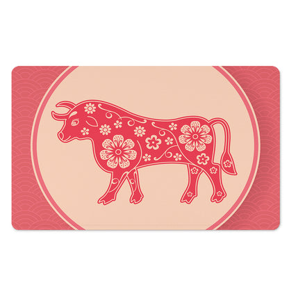Chinese Flower Ox Zodiac Print Polyester Doormat