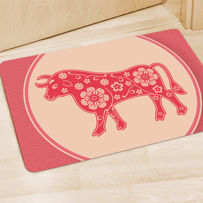 Chinese Flower Ox Zodiac Print Polyester Doormat