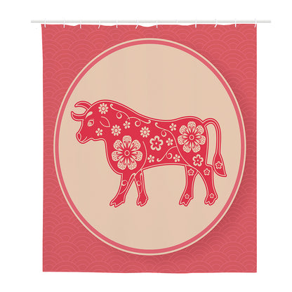 Chinese Flower Ox Zodiac Print Polyester Shower Curtain