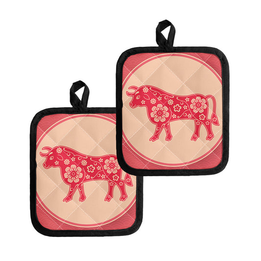Chinese Flower Ox Zodiac Print Pot Holders
