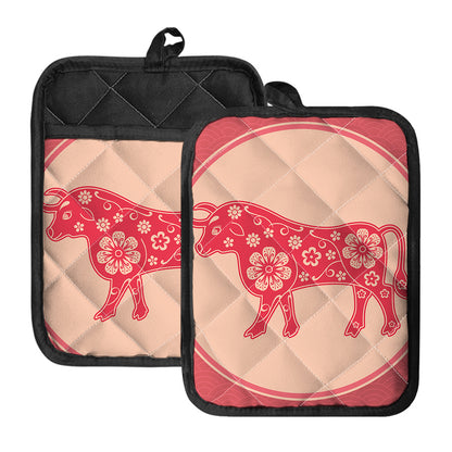 Chinese Flower Ox Zodiac Print Pot Holders With Pocket