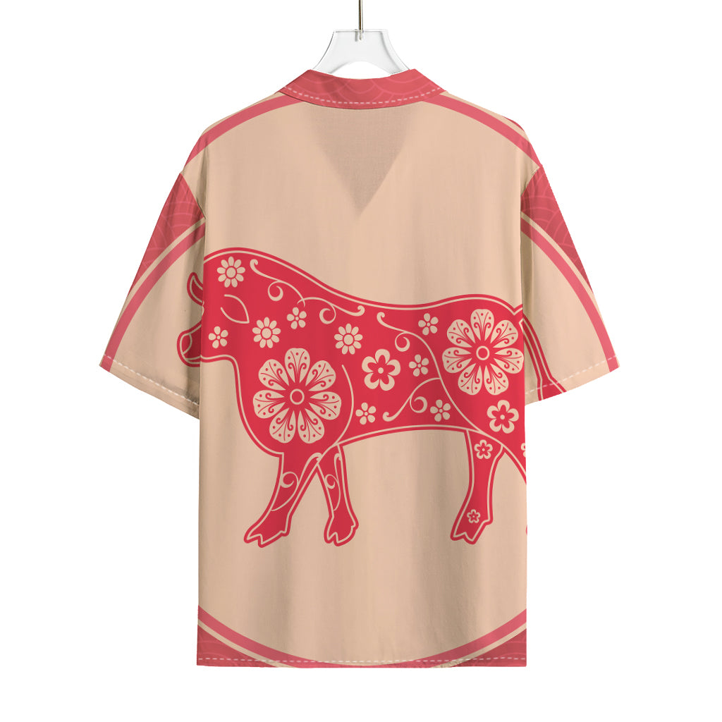 Chinese Flower Ox Zodiac Print Rayon Hawaiian Shirt
