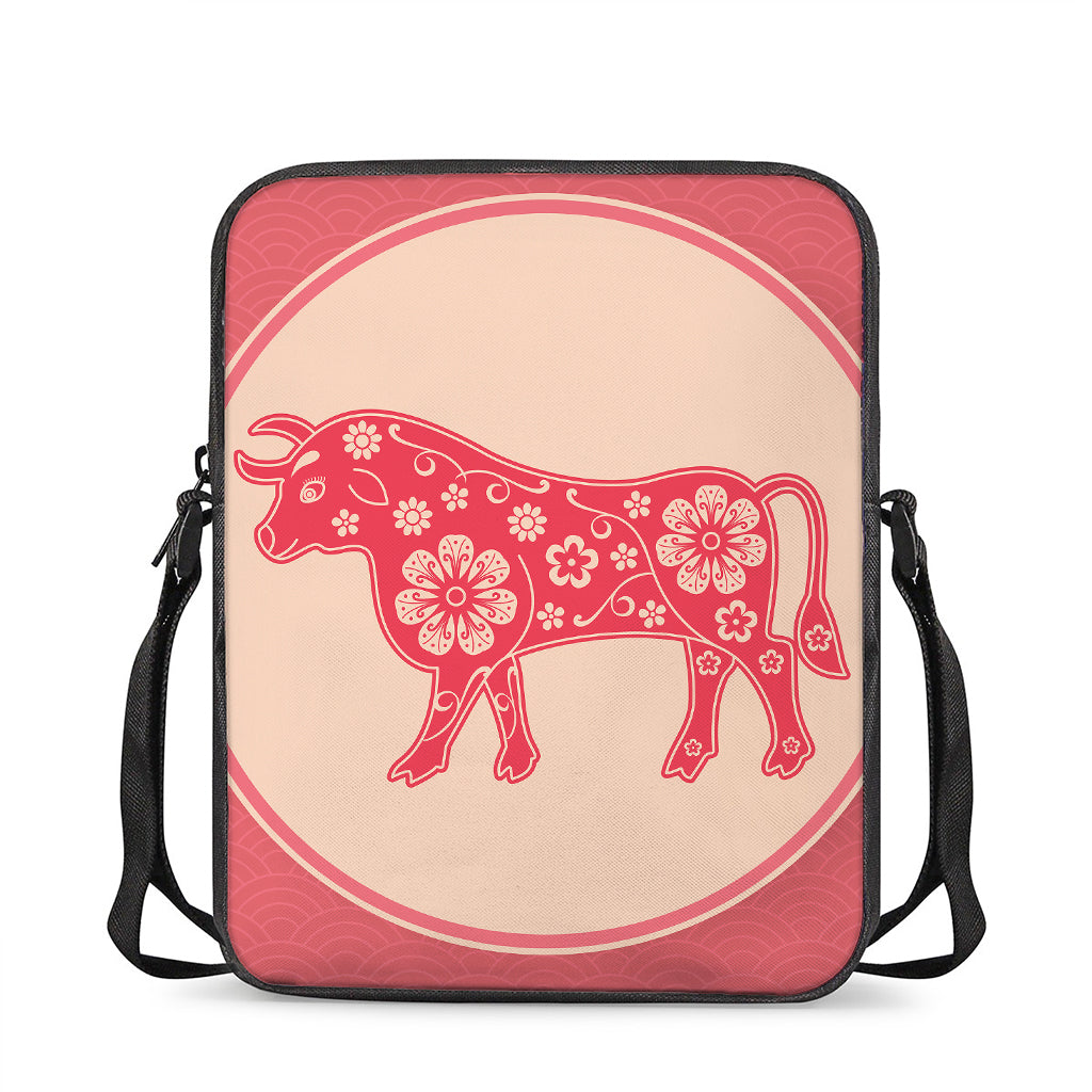 Chinese Flower Ox Zodiac Print Rectangular Crossbody Bag